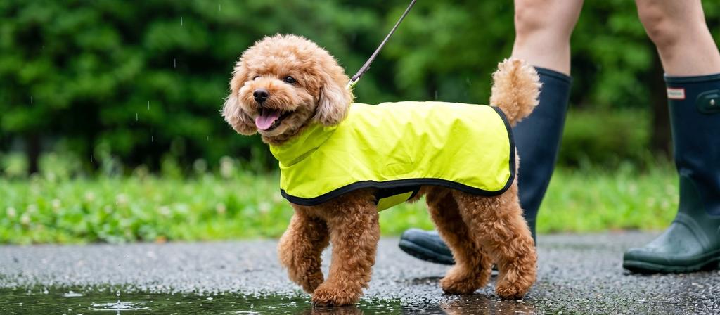 雨の日のお散歩をレインウエアで快適に楽しむ犬