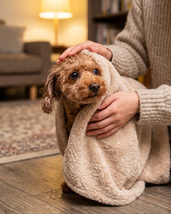 雨の日の散歩や帰宅後のケアに悩む犬のイメージ