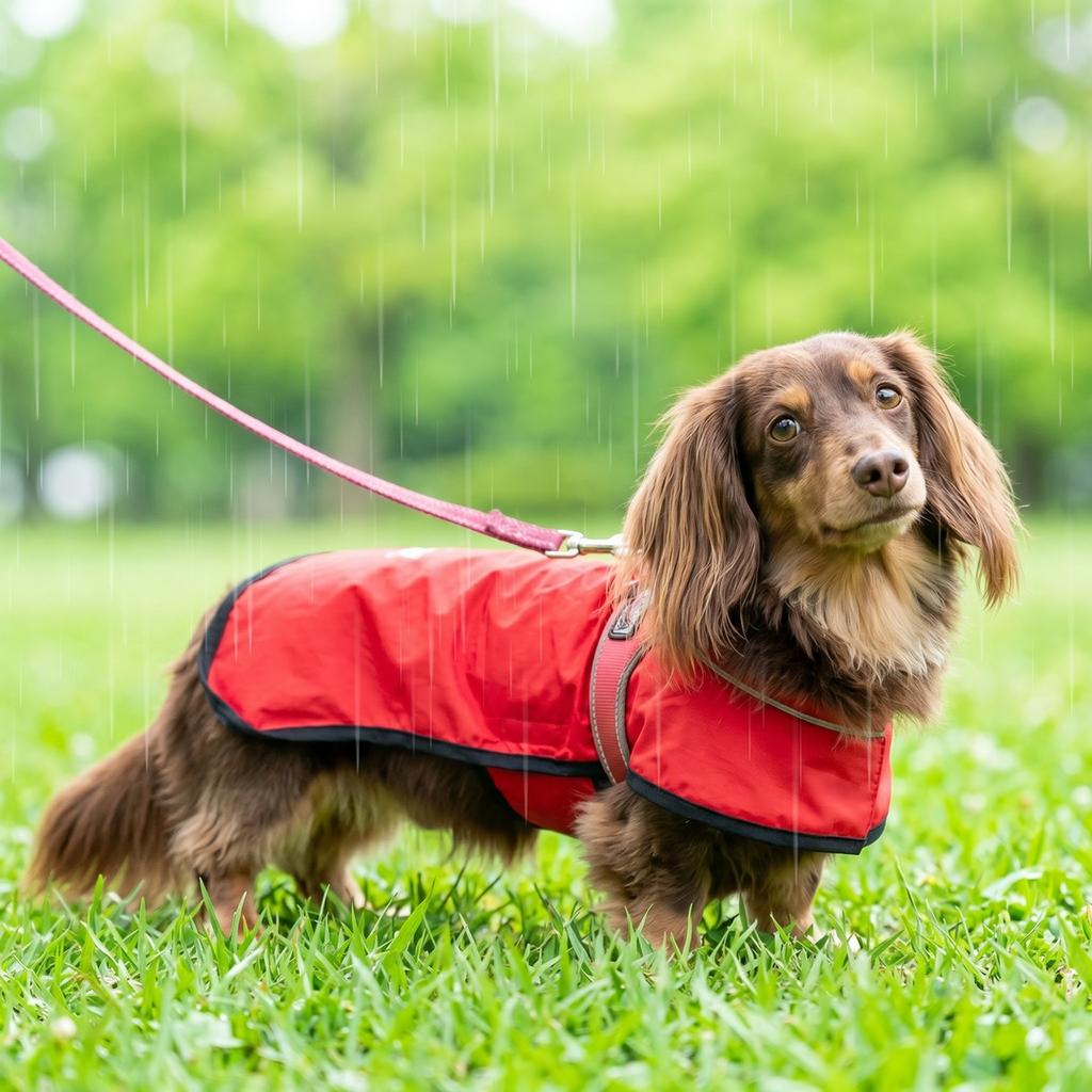 静音レインウエアで雨の日の散歩をする犬