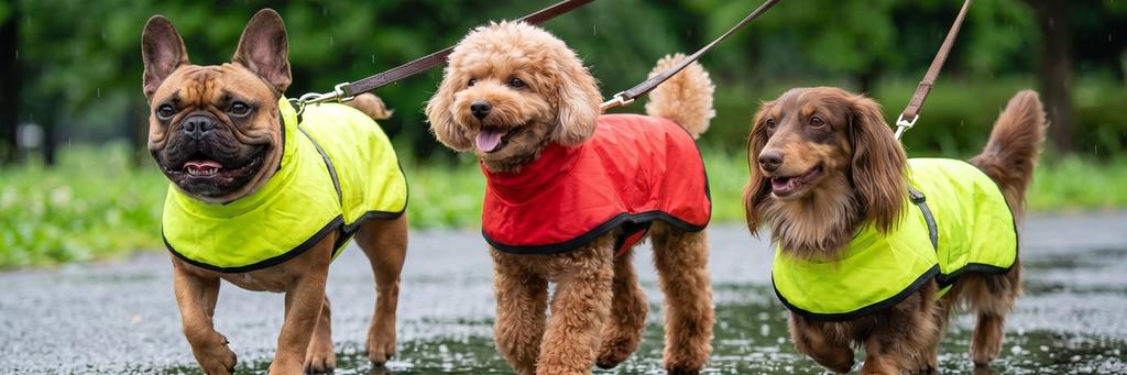 雨の日対策ウエアを着て快適に散歩する犬