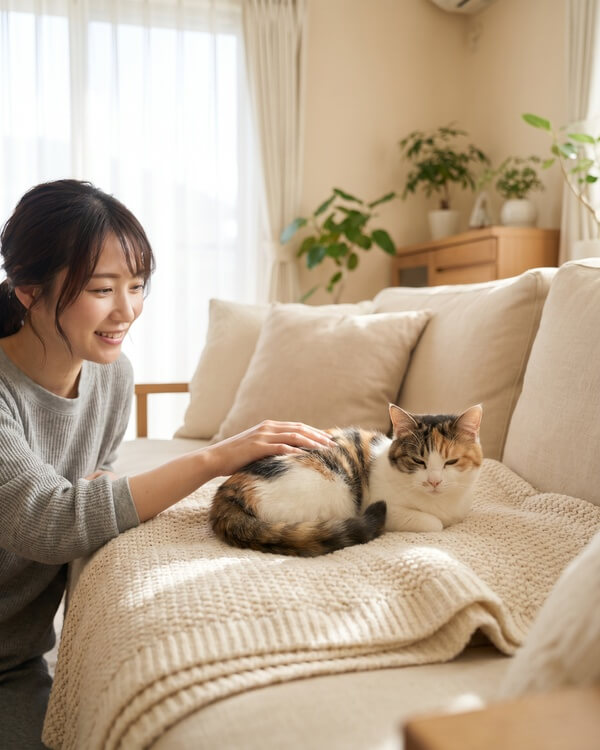 ソファや毛布の上でくつろぐ犬または猫とオーナーの温かい日常シーン