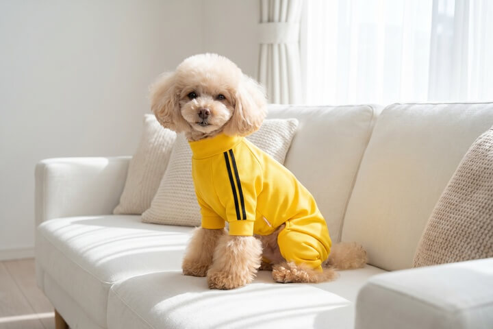 清潔感のある明るい色の防臭ウエアを着た犬が明るいリビングでくつろぐ