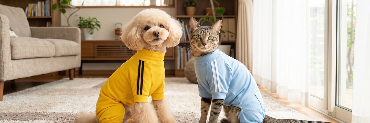 清潔感のあるウエアを着た犬と猫が明るいリビングで並んでくつろぐバナー