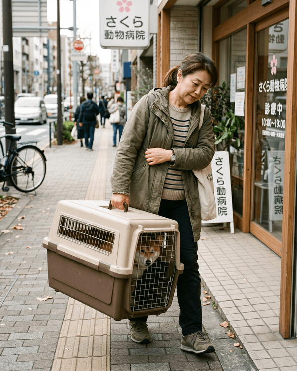 犬猫用キャリーバッグを持って移動に苦労するオーナー
