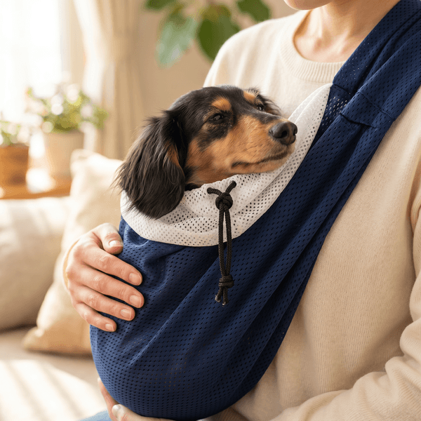 ドッグスリングの中でオーナーの体に密着し安心している犬または猫