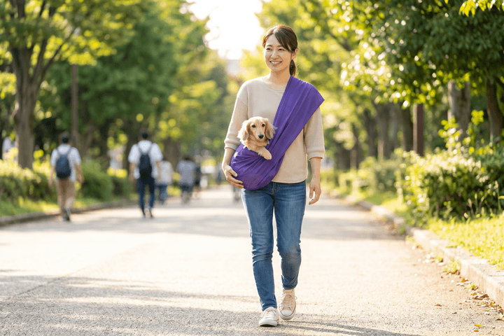 フタなしドッグスリングで犬または猫を抱っこして外出するオーナー