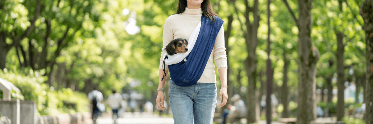 ドッグスリングで犬や猫を抱っこしながら笑顔で歩くオーナー