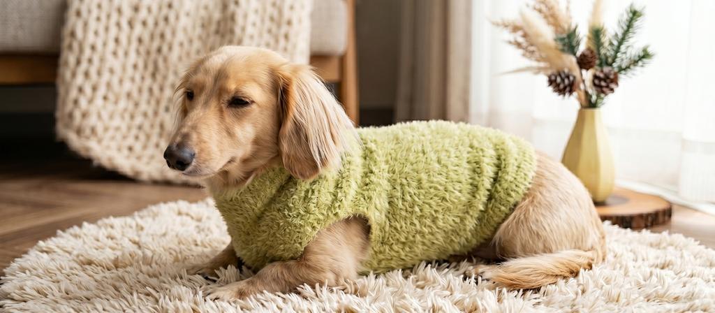 腹巻やウエアを着て室内で温かそうにくつろぐ小型犬