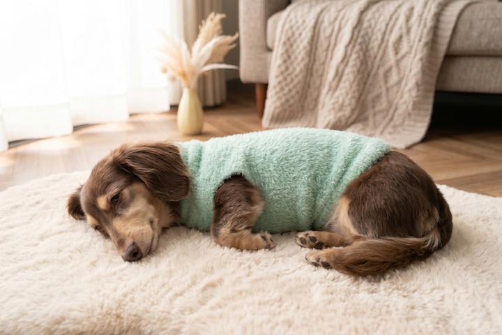腹巻やニットウエアを着てソファや毛布でくつろぐ小型犬