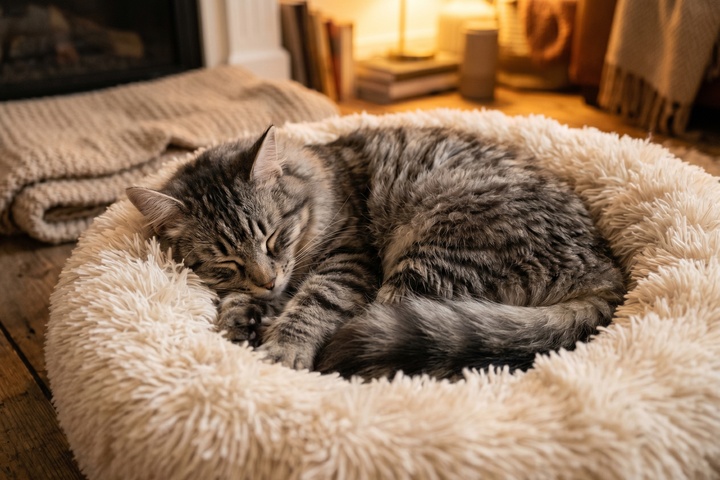 温かいラグやペット用ベッドでくつろぐ犬または猫