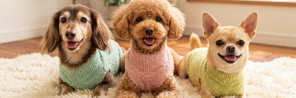 腹巻やニットウエアを着た複数の犬が温かそうに並ぶバナー