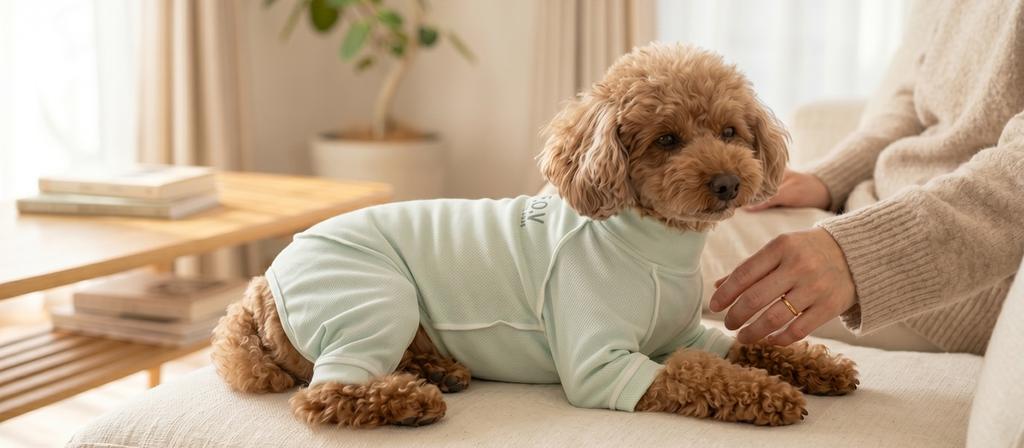 皮膚保護服を着てオーナーに寄り添って穏やかにくつろぐ犬または猫