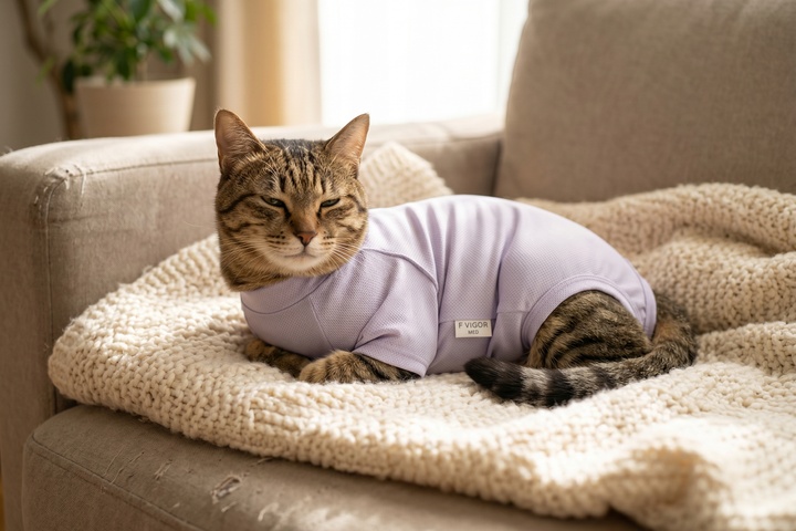 皮膚保護服を着てソファや毛布の上で穏やかにくつろぐ犬または猫