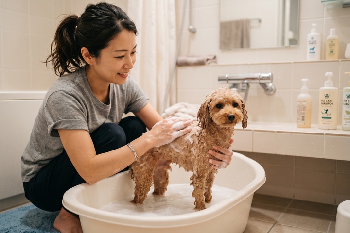 オーナーが敏感肌の犬をやさしく低刺激シャンプーで洗うシーン