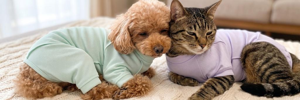 皮膚保護服を着た犬と猫が並んで穏やかに休むバナー