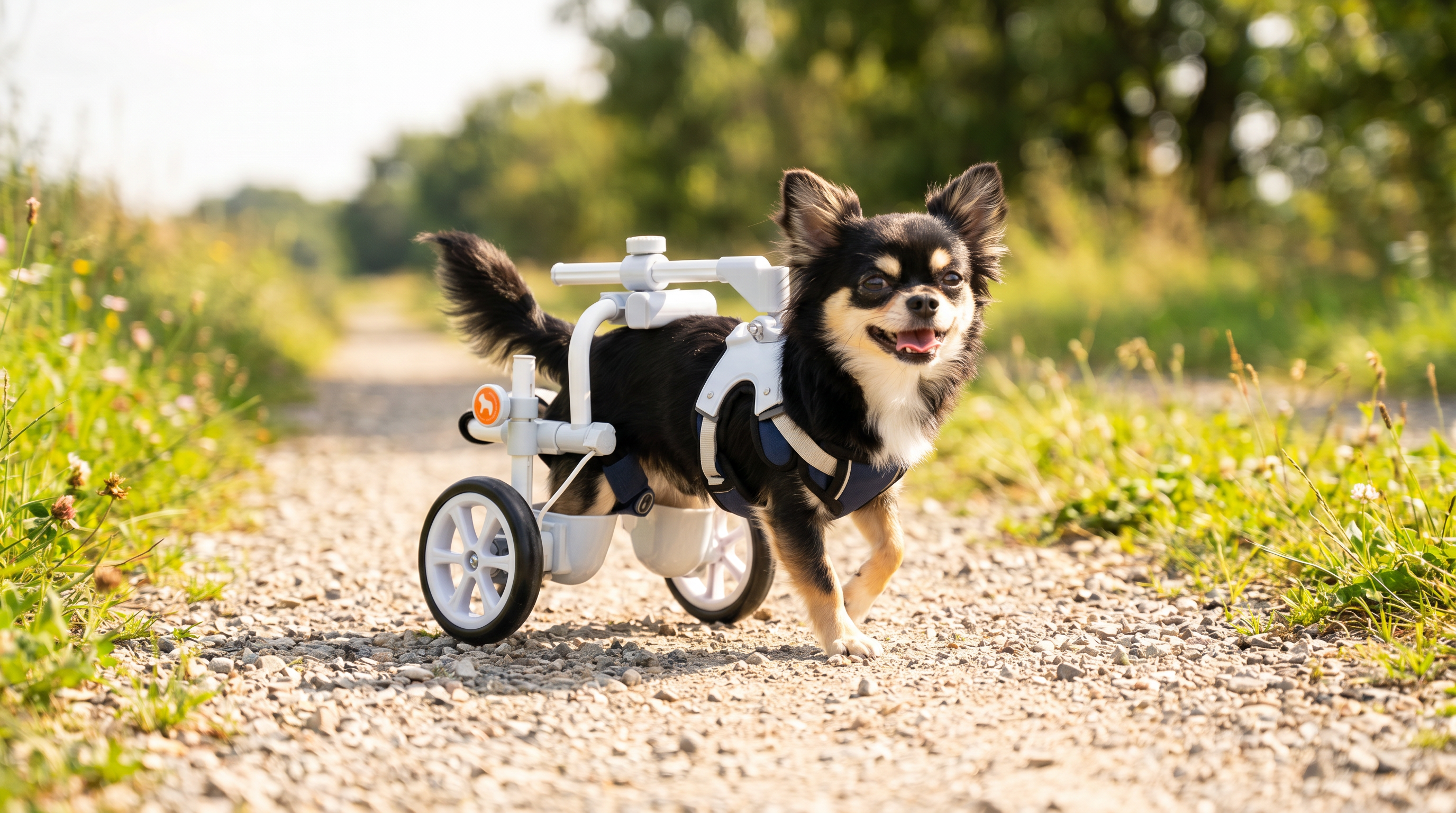 歩行器（車椅子）を使って明るく元気よく歩いている犬