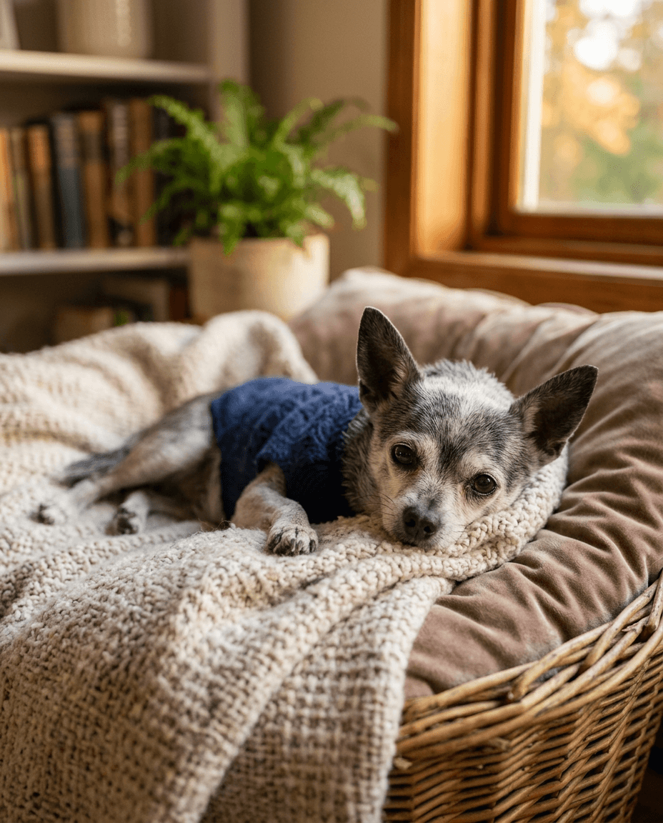 後肢が不自由で伏せている老犬・穏やかで温かみのある共感シーン