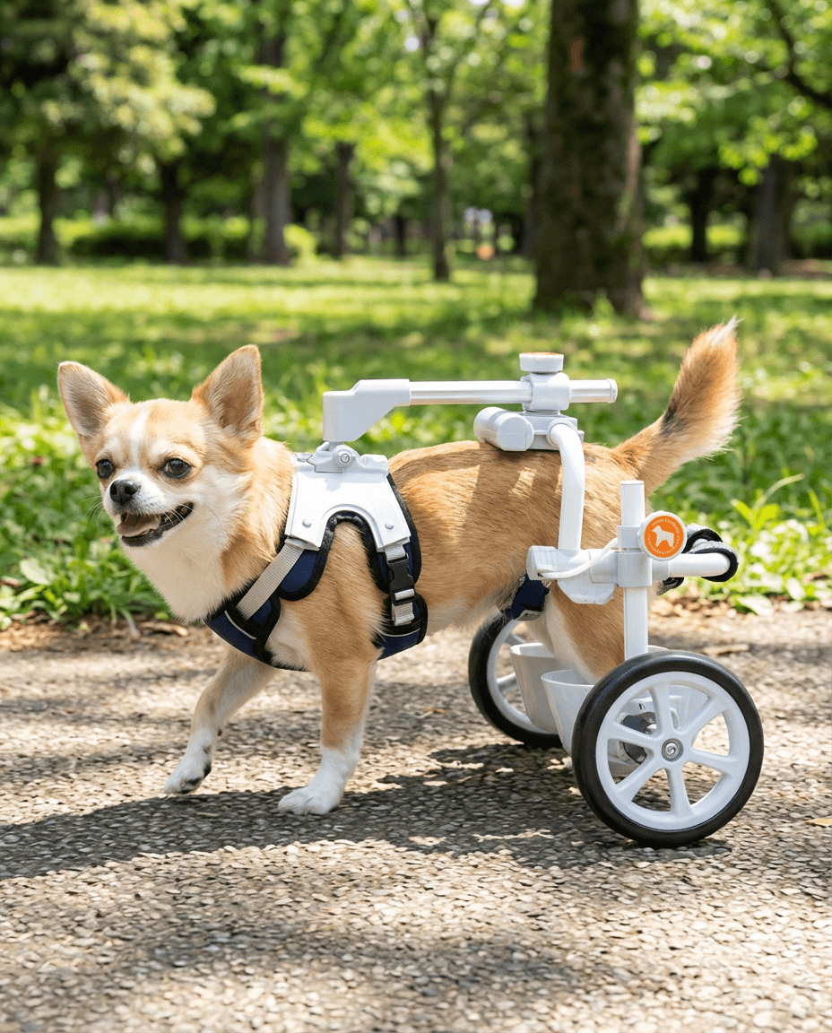 車椅子型の歩行器を使って活発に歩く小型犬・歩行器のフレームが見える