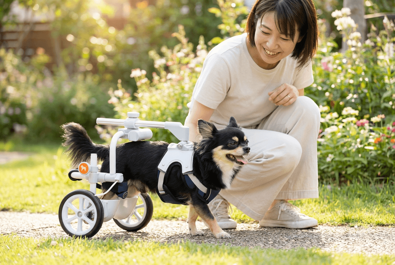 歩行器を着けた犬がオーナーと一緒に笑顔で歩いているシーン