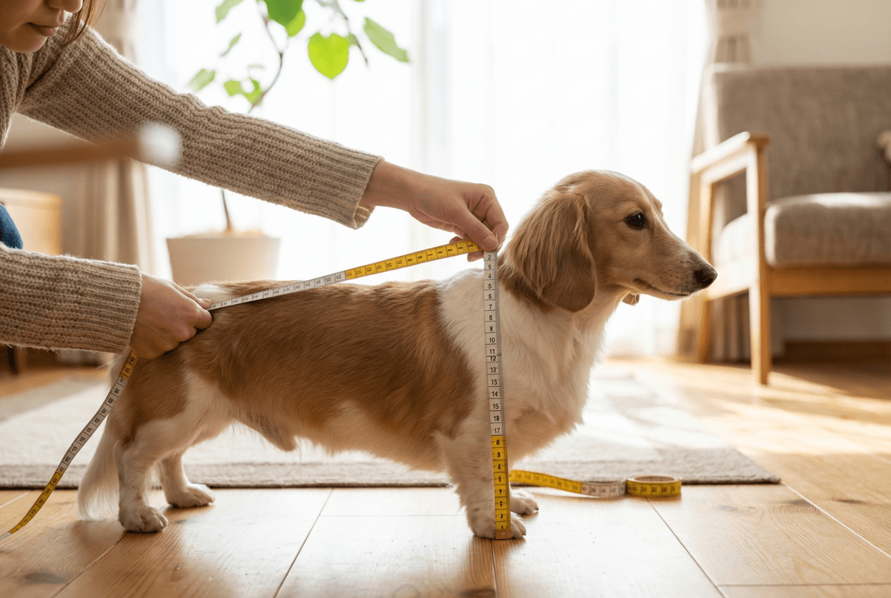 オーナーが犬の体長・体高をメジャーで丁寧に計測するシーン