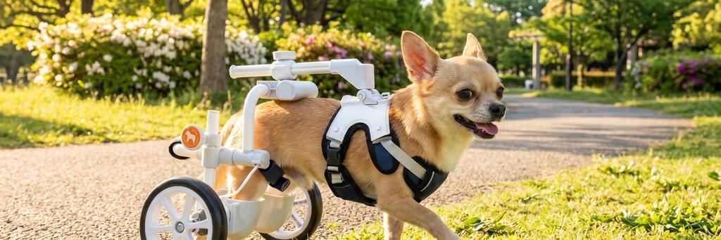 歩行器を使った犬がオーナーと明るく元気よく歩き笑顔で見守るバナー