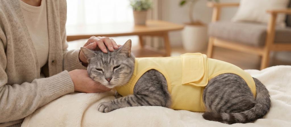 フルオープン術後服を着た犬または猫がオーナーに寄り添って穏やかに休む