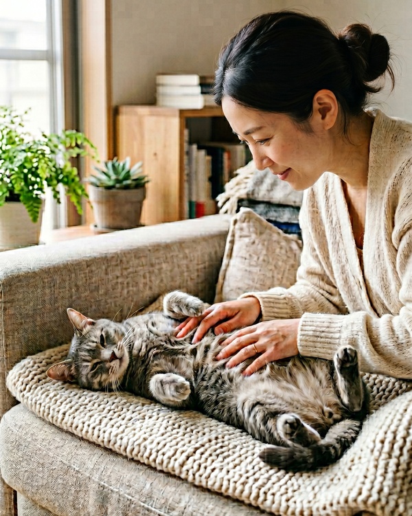 オーナーが犬または猫のお腹まわりをやさしくケアしている日常の介護シーン