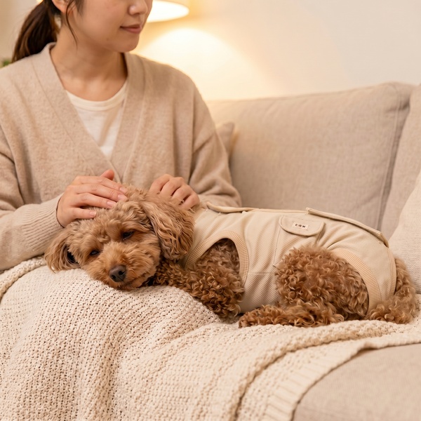 フルオープン術後服を着て毛布の上で穏やかに横たわる犬または猫