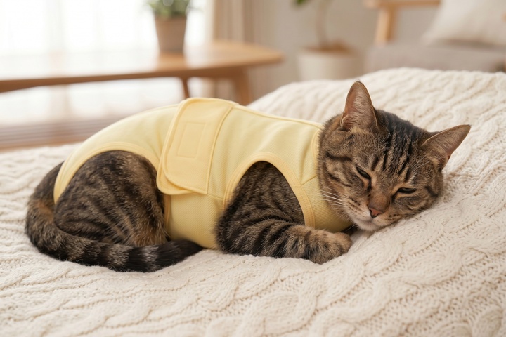 フルオープン術後服を着て毛布の上でくつろぐ猫