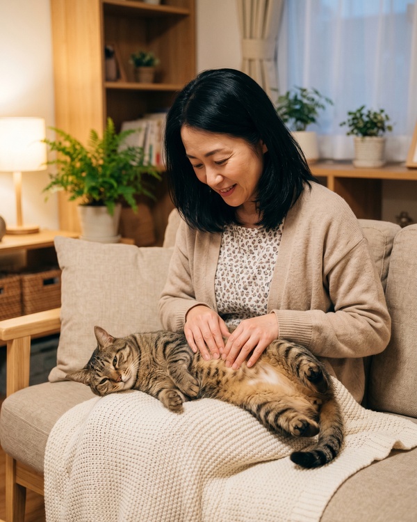 オーナーが犬または猫のお腹まわりをやさしく触りながら毎日チェックするシーン