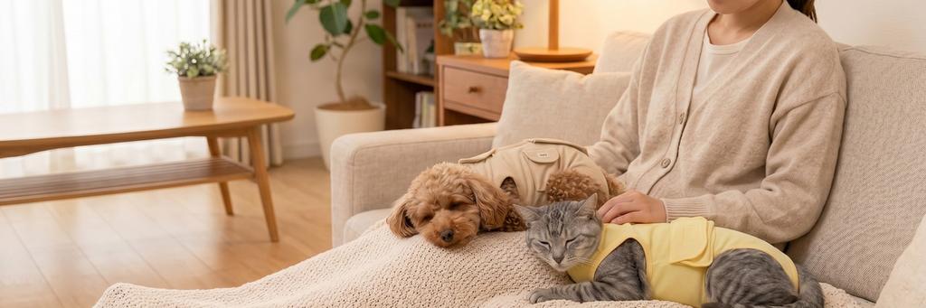 フルオープン術後服を着た犬と猫がオーナーに寄り添って穏やかに並ぶバナー