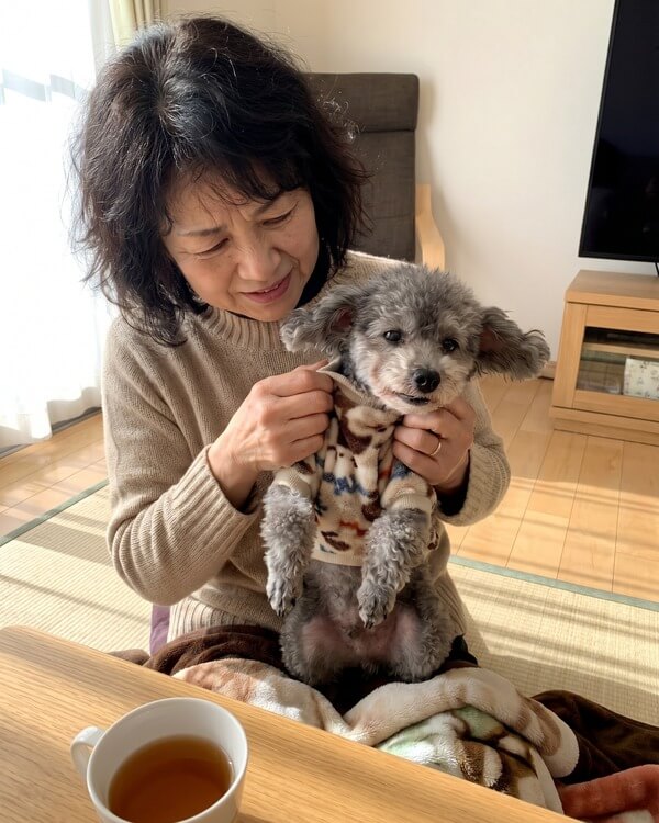 老犬または老猫にウエアを着せようとして少し嫌がられているオーナーのシーン