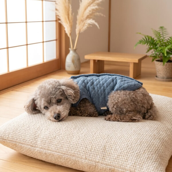 背中開きウエアを着た老犬または老猫が穏やかにくつろいでいるシーン