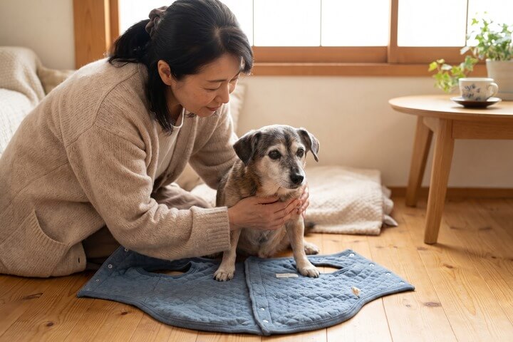 床に広げた背中開きウエアの上に老犬や老猫をそっと乗せているシーン