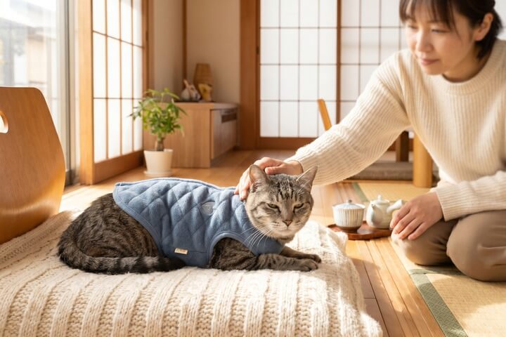 背中開きウエアを着た老犬または老猫がオーナーのそばでリラックスしているシーン