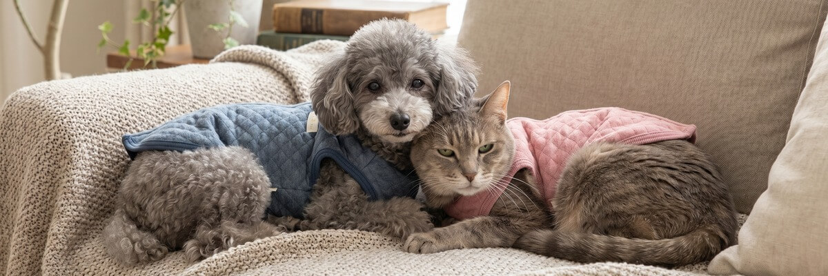 背中開きウエアを着た老犬と老猫が並んで穏やかにくつろぐシーン