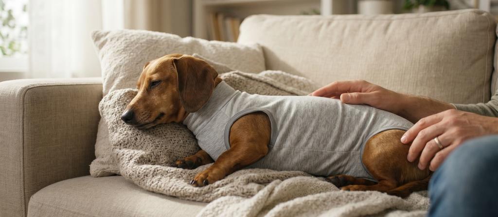 術後ウエアを着た犬または猫がオーナーに寄り添って穏やかに休むシーン