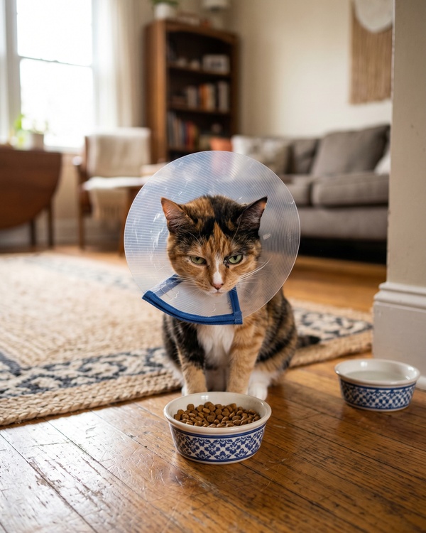 エリザベスカラーをつけて不便そうにしている犬または猫