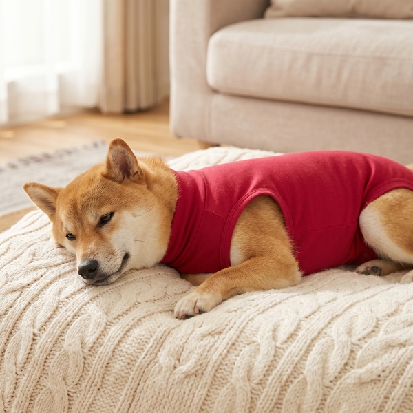 術後ウエアを着てやわらかいブランケットの上で穏やかに休む犬または猫