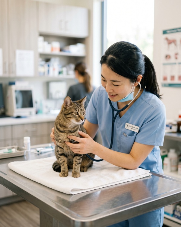 術前の穏やかな獣医師の診察を受けている犬または猫