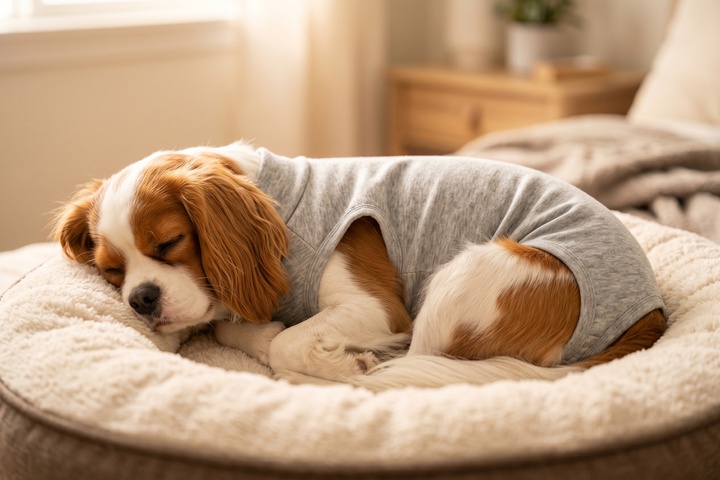術後ウエアを着てコージーなベッドで眠る犬または猫