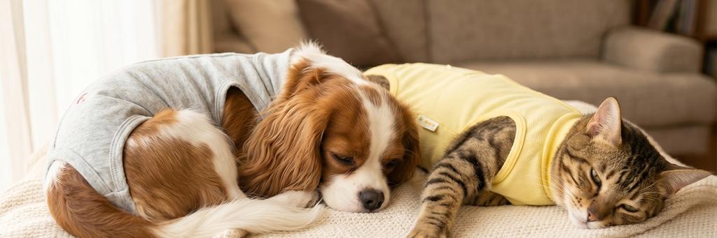 術後ウエアを着た犬と猫が並んで穏やかに休むバナー