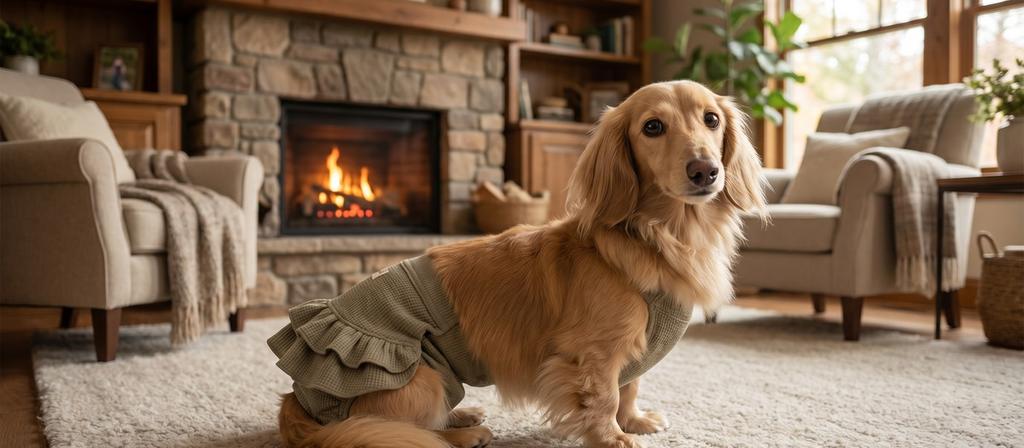 マナーパンツを着けてオーナーに寄り添う小型犬