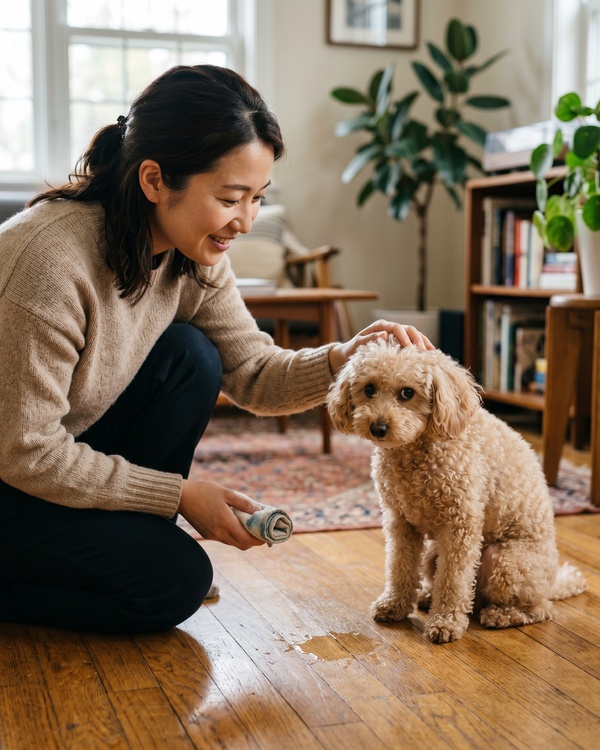室内でマーキングしてしまった犬と穏やかな表情のオーナー