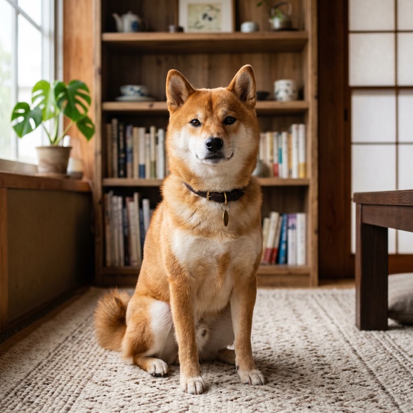 室内でぴんと背筋を伸ばして座るチワワまたは柴犬
