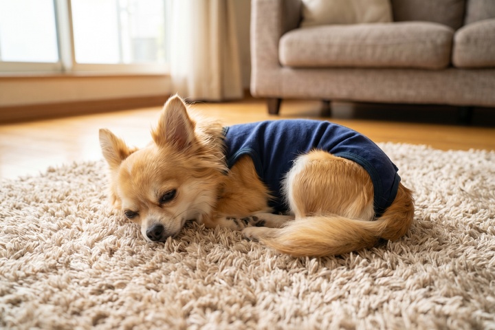 マナーパンツを着けてソファやラグでくつろぐ小型犬
