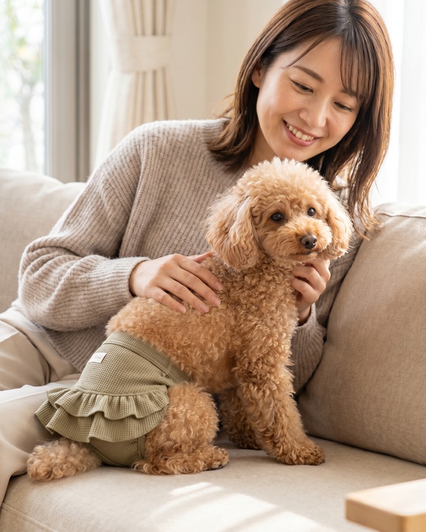 マナーパンツを着けてオーナーに甘える女の子の小型犬