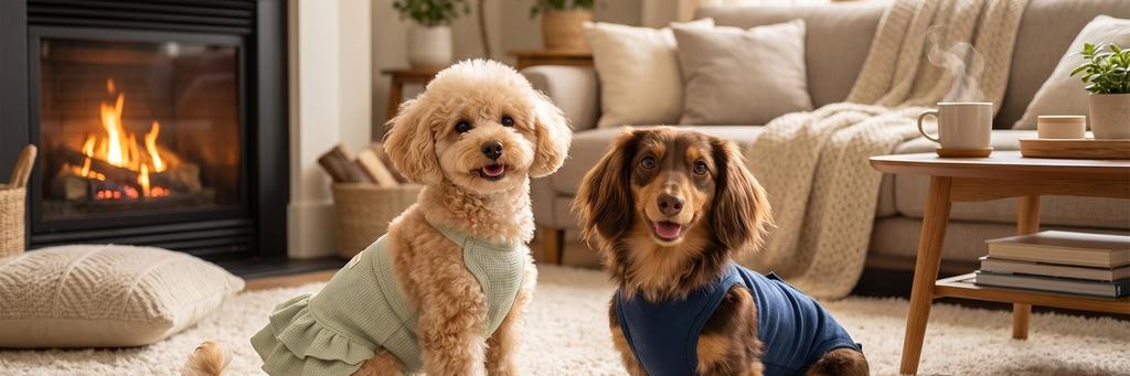 マナーパンツを着けた2頭の犬が並んでくつろぐバナー