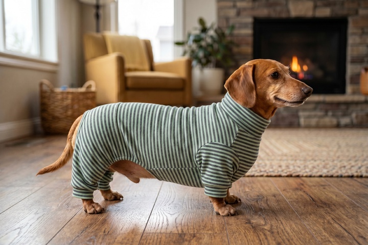 ぽっちゃり犬に伸縮素材ウエアを着せるイメージ