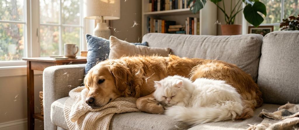 室内でくつろぐ犬と猫の抜け毛対策イメージ